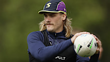 MELBOURNE, AUSTRALIA - SEPTEMBER 30:  Ryan Papenhuyzen of the Storm catches the ball during a Melbourne Storm NRL training session at AAMI Park on September 30, 2024 in Melbourne, Australia. (Photo by Darrian Traynor/Getty Images)