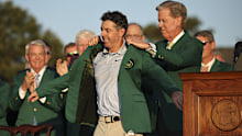 AUGUSTA, GEORGIA - APRIL 12: Fred Ripley, chairman of Augusta National Golf Club, awards Rory McIlroy of Northern Ireland with the Green Jacket during the Green Jacket Ceremony after the final round of the 2026 Masters Tournament at Augusta National Golf Club on April 12, 2026 in Augusta, Georgia. (Photo by Hector Vivas/Getty Images)