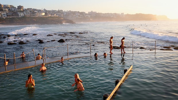People swim in the sea pool at Bronte Beach in Sydney.