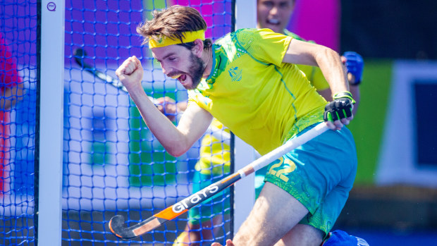 Flynn Ogilvie #22 of Australia celebrates after scoring his second goal of the match in his team's 7-0 win during the Australia v India, Men's Hockey, Gold Medal match at Birmingham University during the Birmingham 2022 Commonwealth Games on August 8, 2022, in Birmingham, England. (Photo by Tim Clayton/Corbis via Getty Images)