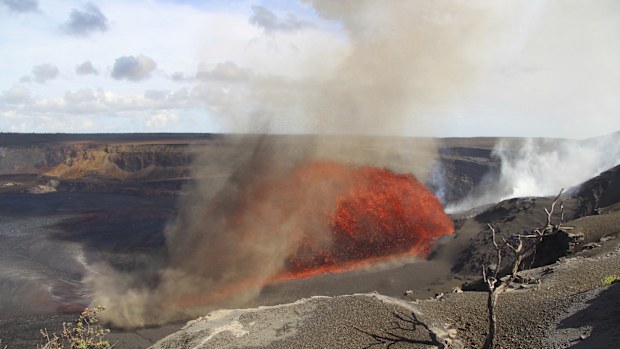 In this image released by the U.S. Geological Survey, the Kilauea volcano spews lava on Friday, Aug. 22, 2025, in Hawaii Volcanoes National Park, Hawaii. (M. Zoeller/U.S. Geological Survey via AP)