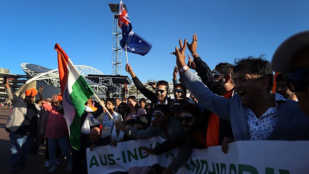 Members of the Australian Indian community await the arrival of Prime Minister Modi at Qudos Bank Arena on May 23, 2023 in Sydney, Australia.