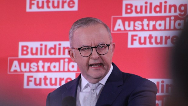 Anthony Albanese gives a speech in Brisbane.