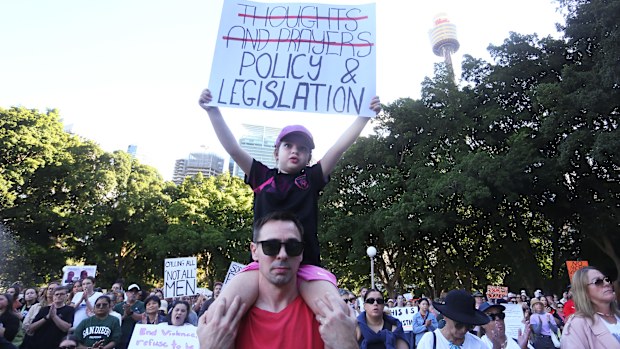 Demonstrators take part in a national rally against violence towards women on April 27, 2024 in Sydney, Australia. 