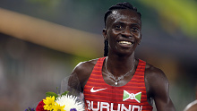 EUGENE, OREGON - AUGUST 20: Francine Niyonsaba of Burundi after winning the 2 Mile race during the 2021 Prefontaine Classic at Hayward Field on August 20, 2021 in Eugene, Oregon. (Photo by Jonathan Ferrey/Getty Images)