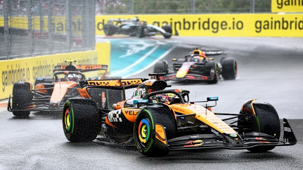 Oscar Piastri in the MCL39 Mercedes leads teammate McLaren Lando Norris and Max Verstappen in RB21 during the Miami Grand Prix.