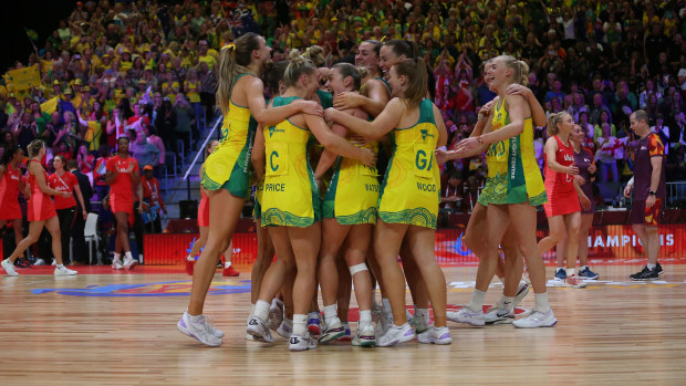 Australia celebrate winning the Netball World Cup 2023, final match between England and Australia at Cape Town International Convention Centre, Court 1 on August 06, 2023 in Cape Town, South Africa. (Photo by Shaun Roy/Gallo Images/Netball World Cup 2023 via Getty Images)