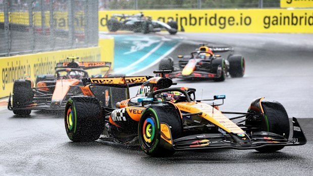 Oscar Piastri in the MCL39 Mercedes leads teammate McLaren Lando Norris and Max Verstappen in RB21 during the Miami Grand Prix.