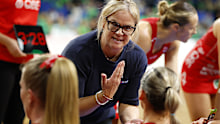 PERTH, AUSTRALIA - MAY 17: Briony Akle Head Coach of the Swifts talks to the players during the 3rd quarter break during the round 10 Super Netball match between West Coast Fever and NSW Swifts at RAC Arena, on May 17, 2026, in Perth, Australia. (Photo by James Worsfold/Getty Images)