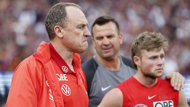 John Longmire, Senior Coach of the Swans looks dejected after the AFL Grand Final match between Sydney Swans and Brisbane Lions at Melbourne Cricket Ground, on September 28, 2024, in Melbourne, Australia. (Photo by Daniel Pockett/AFL Photos/Getty Images)