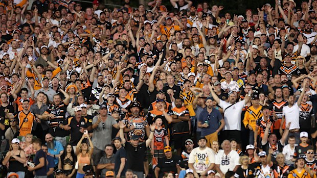 Wests Tigers fans sit on the hill at Leichhardt Oval.