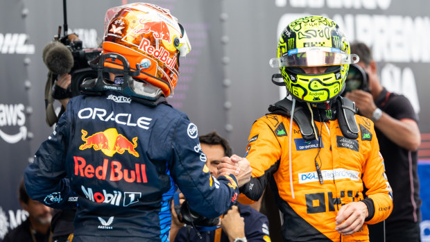Max Verstappen (1) of Netherlands and team Oracle Red Bull Racing congratulates Lando Norris (4) of United Kingdom and team McLaren F1 Team after the Formula 1 Spanish Grand Prix on Sunday, June 23, 2024 at the Circuit De Catalunya in Barcelona, Spain. (Photo by Bob Kupbens/Icon Sportswire)