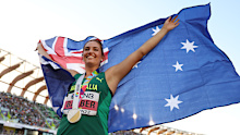 EUGENE, OREGON - JULY 22: Kelsey-Lee Barber of Team Australia celebrates after winning gold in the Women's Javelin Final on day eight of the World Athletics Championships Oregon22 at Hayward Field on July 22, 2022 in Eugene, Oregon. (Photo by Christian Petersen/Getty Images)