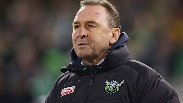 Raiders head coach Ricky Stuart watches his team play in their bad round 12 loss against Manly. 