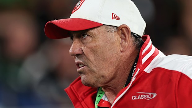 Dragons coach Shane Flanagan leaves the field at the conclusion of the round seven NRL match between South Sydney Rabbitohs and St George Illawarra Dragons at Accor Stadium, on April 18, 2026, in Sydney, Australia. (Photo by Cameron Spencer/Getty Images)