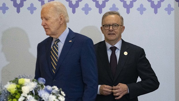 U.S. President Joe Biden, left, walks with Australian Prime Minister Anthony Albanese into a meeting during the Association of Southeast Asian Nations (ASEAN) summit.