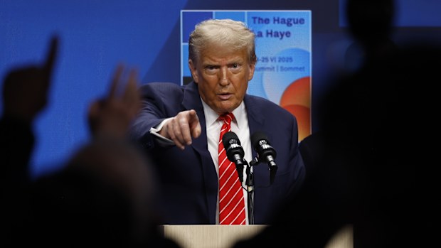 US President Donald Trump takes questions during a news conference following the 2025 NATO Summit on June 25, 2025 in The Hague, Netherlands. 