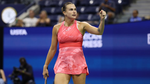 Aryna Sabalenka reacts after defeating Madison Keys during their women's singles semi final at the 2023 US Open.