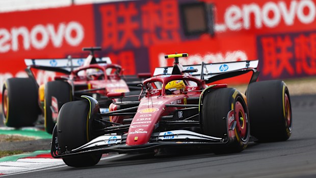 Lewis Hamilton of Great Britain driving the (44) Scuderia Ferrari SF-25 leads Charles Leclerc of Monaco driving the (16) Scuderia Ferrari SF-25 on track during the F1 Grand Prix of China at Shanghai International Circuit on March 23, 2025 in Shanghai, China. (Photo by Andy Hone/LAT Images)