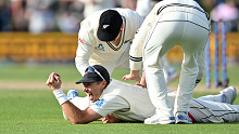 CHRISTCHURCH, NEW ZEALAND - MARCH 10: Tim Southee of New Zealand takes a catch to dismiss Usman Khawaja of Australia during day three of the Second Test in the series between New Zealand and Australia at Hagley Oval on March 10, 2024 in Christchurch, New Zealand. (Photo by Kai Schwoerer/Getty Images)