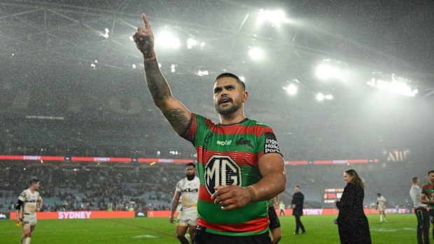 Latrell Mitchell acknowledges the crowd after steering the South Sydney Rabbitohs to victory against the Brisbane Broncos at Accor Stadium.