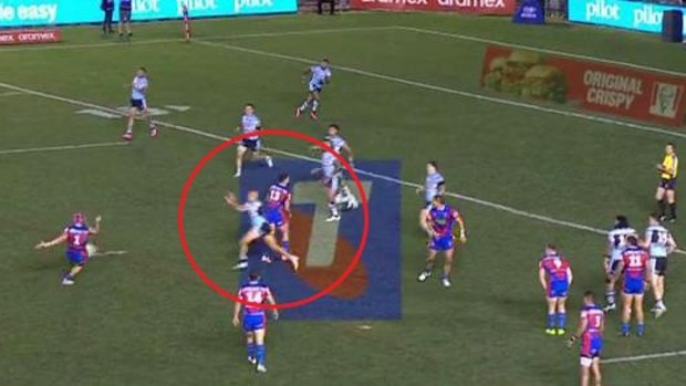 The Knights were penalised for blocking on this Kalyn Ponga field goal.