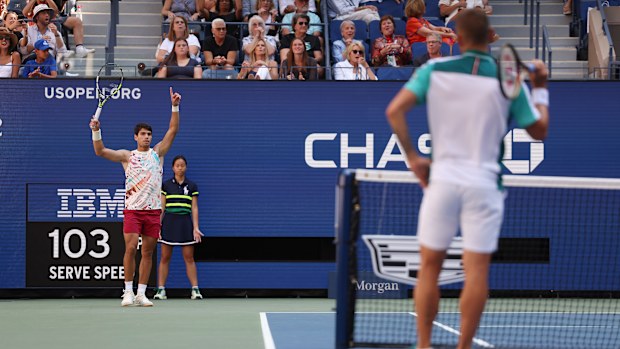 Carlos Alcaraz of Spain celebrates a point against Daniel Evans of Great Britain during their Men's Singles Third Round match on Day Six of the 2023 US Open at the USTA Billie Jean King National Tennis Center on September 02, 2023 in the Flushing neighborhood of the Queens borough of New York City. (Photo by Al Bello/Getty Images)