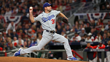 Max Scherzer of the Los Angeles Dodgers pitches against the Atlanta Braves.