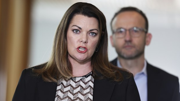 Senator Sarah Hanson-Young at a press conference
