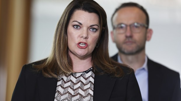 Senator Sarah Hanson-Young at a press conference