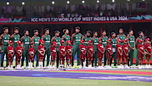 The Bangladesh team stands for the national anthems ahead of their 2024 T20 World Cup super eight clash against Afghanistan.
