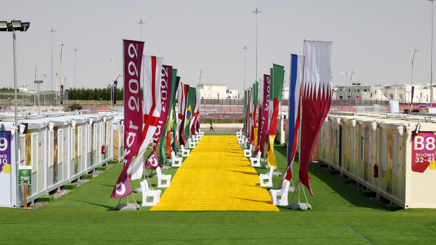 AI-RAYYAN, QATAR - NOVEMBER 19: Cabins are seen at a fan village ahead of the FIFA World Cup Qatar 2022 on November 19, 2022 in AI-Rayyan, Qatar. The 900-cabin village is built near the Ahmad Bin Ali Stadium for football fans watching the upcoming World Cup. (Photo by Fu Tian/China News Service via Getty Images)