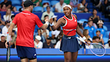 PERTH, AUSTRALIA - JANUARY 07: Christian Harrison & Coco Gauff of Team USA celebrate a point in the mixed doubles Quarter Final match against Stefanos Tsitsipas & Maria Sakkari of Team Greece during Day 6 of the United Cup at RAC Arena on January 07, 2026 in Perth, Australia. (Photo by Janelle St Pierre/Getty Images)