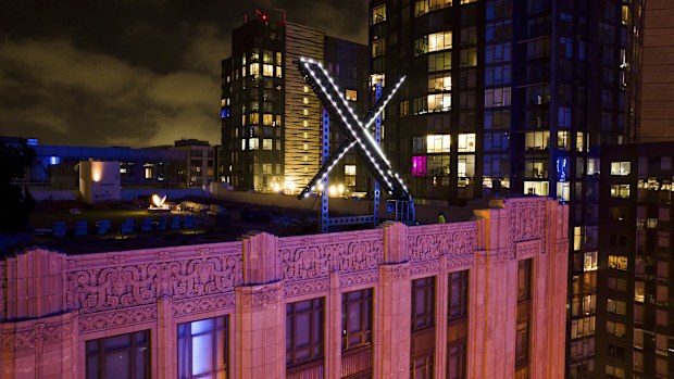 "X" sign atop the company headquarters, formerly known as Twitter,