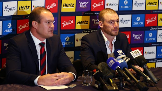 MELBOURNE, AUSTRALIA - AUGUST 05: Melbourne president, Brad Green and former Head Coach, Simon Goodwin speak to media during a Melbourne Demons AFL media opportunity at the Melbourne Cricket Ground on August 05, 2025 in Melbourne, Australia. (Photo by Morgan Hancock/Getty Images)