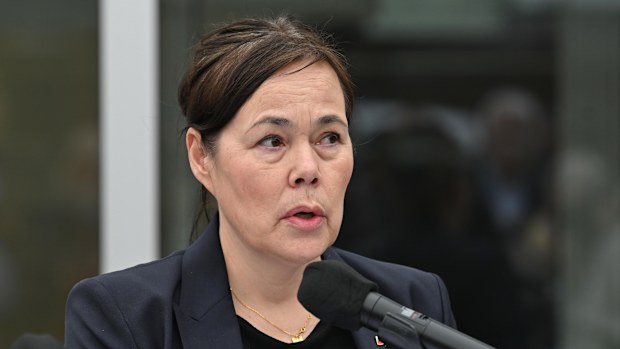 Greenland's Foreign Minister Vivian Motzfeldt speaks at a news conference at the Embassy of Denmark, Wednesday, Jan. 14, 2026, in Washington. (AP Photo/John McDonnell)