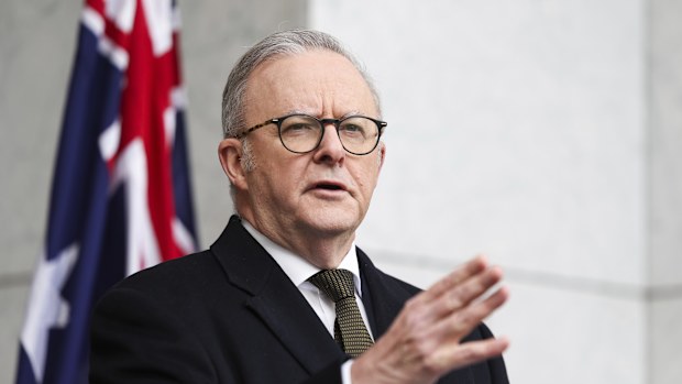 Prime Minister Anthony Albanese during a press conference at Parliament House in Canberra on Monday 11 August 2025. fedpol Photo: Alex Ellinghausen