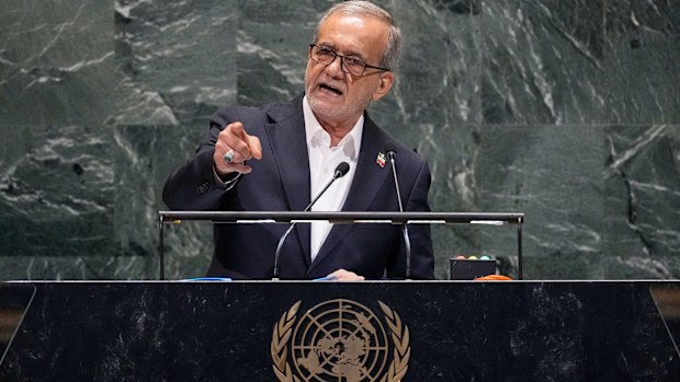 Iran President Masoud Pezeshkian addresses the 80th session of the United Nations General Assembly in September 2025.