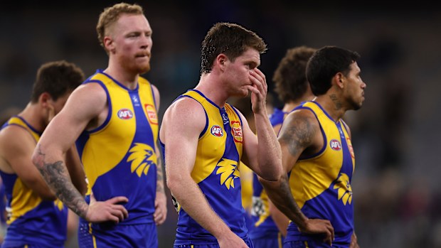 PERTH, AUSTRALIA - AUGUST 12: Luke Foley of the Eagles looks on after being defeated during the round 22 AFL match between West Coast Eagles and Fremantle Dockers at Optus Stadium, on August 12, 2023, in Perth, Australia. (Photo by Paul Kane/Getty Images)
