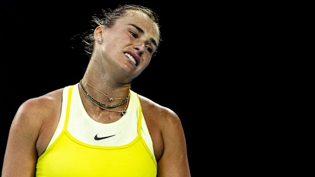 Aryna Sabalenka shows her frustration during her quarter-final match against Anastasia Pavlyuchenkova.