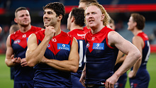 MELBOURNE, AUSTRALIA - APRIL 29: Clayton Oliver and Christian Petracca of the Demons are seen during the 2023 AFL Round 07 match between the Melbourne Demons and the North Melbourne Kangaroos at the Melbourne Cricket Ground on April 29, 2023 in Melbourne, Australia. (Photo by Dylan Burns/AFL Photos)
