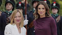 Queen Rania of Jordan, right, meets with Italian Prime Minister Giorgia Meloni at villa Doria Pamphilj in Rome, Wednesday, April 9, 2025. (AP Photo/Andrew Medichini)