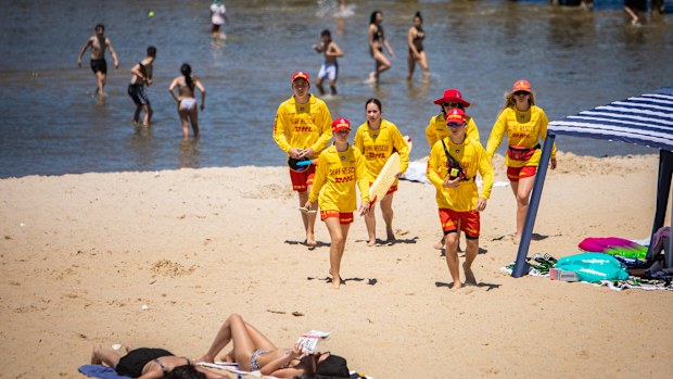 Altona Lifesaving Club members patrolling on Altona beach in Victoria.