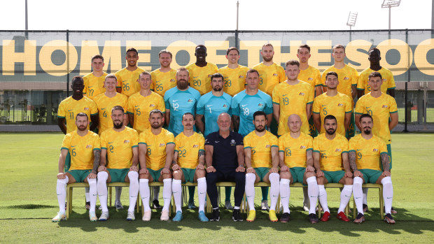 DOHA, QATAR - NOVEMBER 18: The Australian Socceroos World Cup squad pose during the Australia Official Team Photo at  Aspire Training Ground on November 18, 2022 in Doha, Qatar. (Photo by Robert Cianflone/Getty Images)