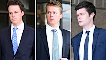 A combined image of (L-R) Dominic Walker, Sam Walker and Benjamin Fitt departing the Melbourne Magistrates Court in Melbourne.