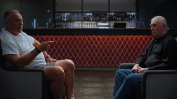 Ian Botham and Ian Chappell sit across from each other during filming for The Longest Feud.