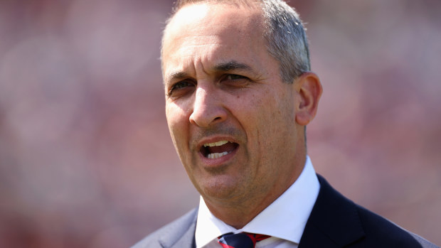SYDNEY, AUSTRALIA - MARCH 04: NRL CEO Andrew Abdo talks during the round one NRL match between the Manly Sea Eagles and the Canterbury Bulldogs at 4 Pines Park on March 04, 2023 in Sydney, Australia. (Photo by Cameron Spencer/Getty Images)