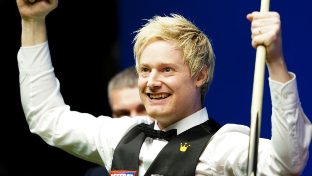 Australia's Neil Robertson celebrates making a 147 against England's Jack Lisowski during day 10 of the World Snooker Championships at The Crucible, Sheffield.