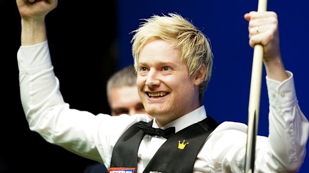 Australia's Neil Robertson celebrates making a 147 against England's Jack Lisowski during day 10 of the World Snooker Championships at The Crucible, Sheffield.