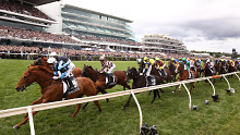 The field passes the post during race seven, the Lexus Melbourne Cup.